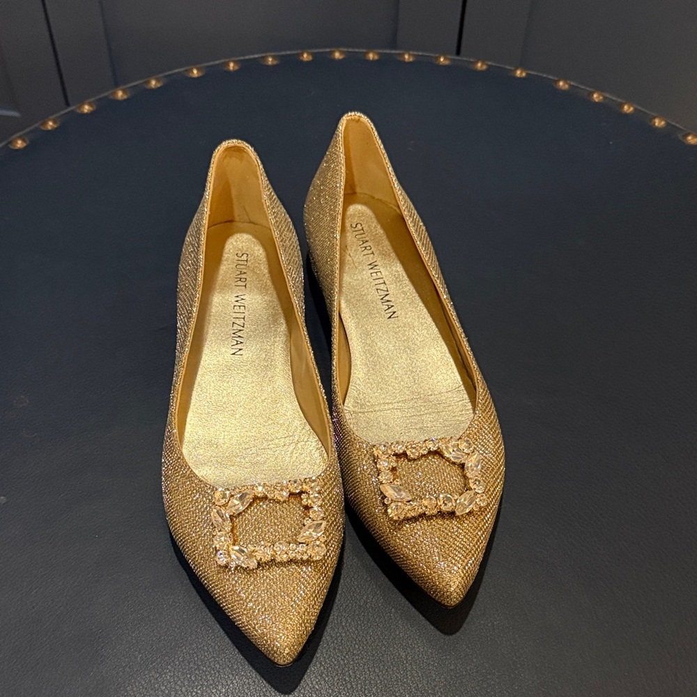 Stuart Weitzman Gold Flats with Embellished Buckle